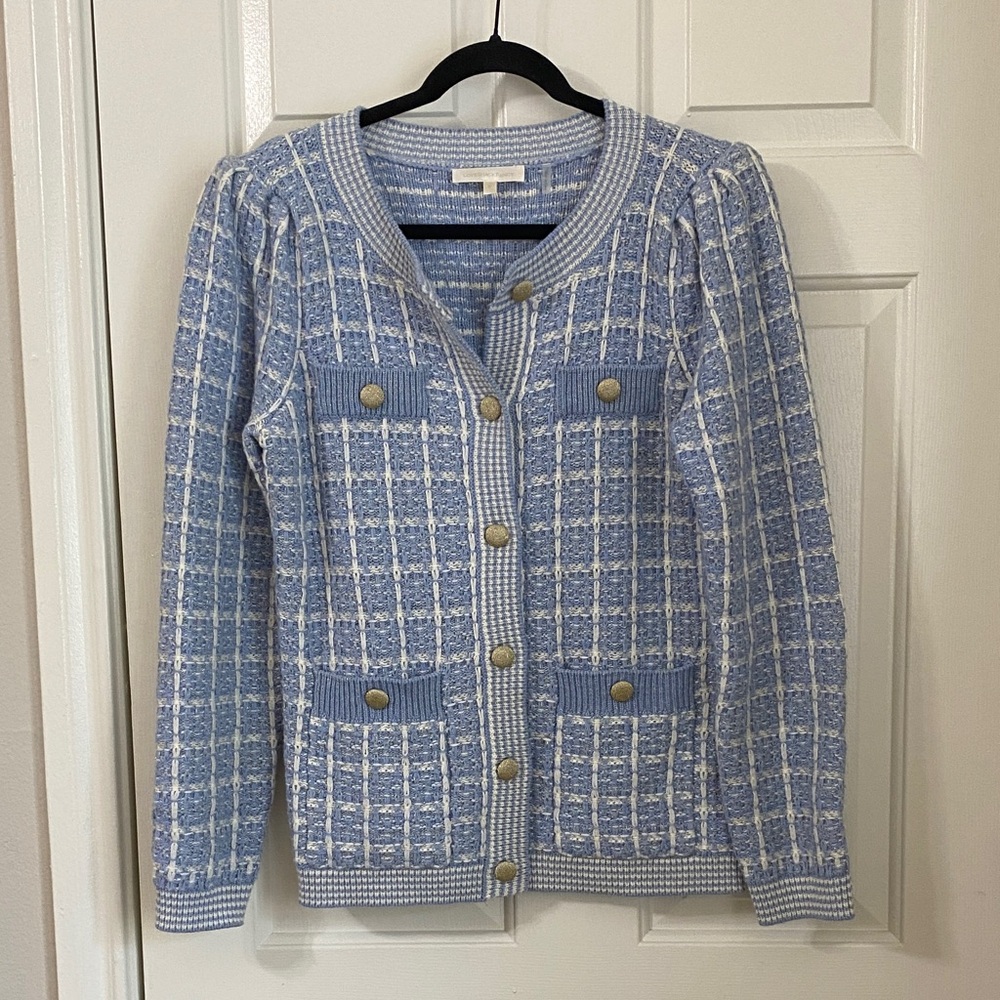 LoveShackFancy Blue and White Cardigan